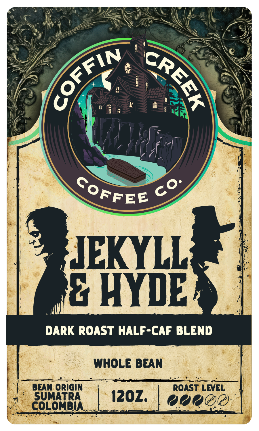 Coffin Creek Coffee co Jekyll & Hyde - Dark Roast Half-Caf Blend - 340 Grams Ground