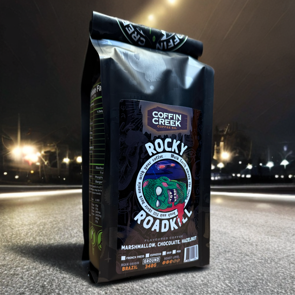 Coffin Creek Coffee co Rocky Roadkill - Rocky Road Flavoured Coffee - 340 Grams Ground