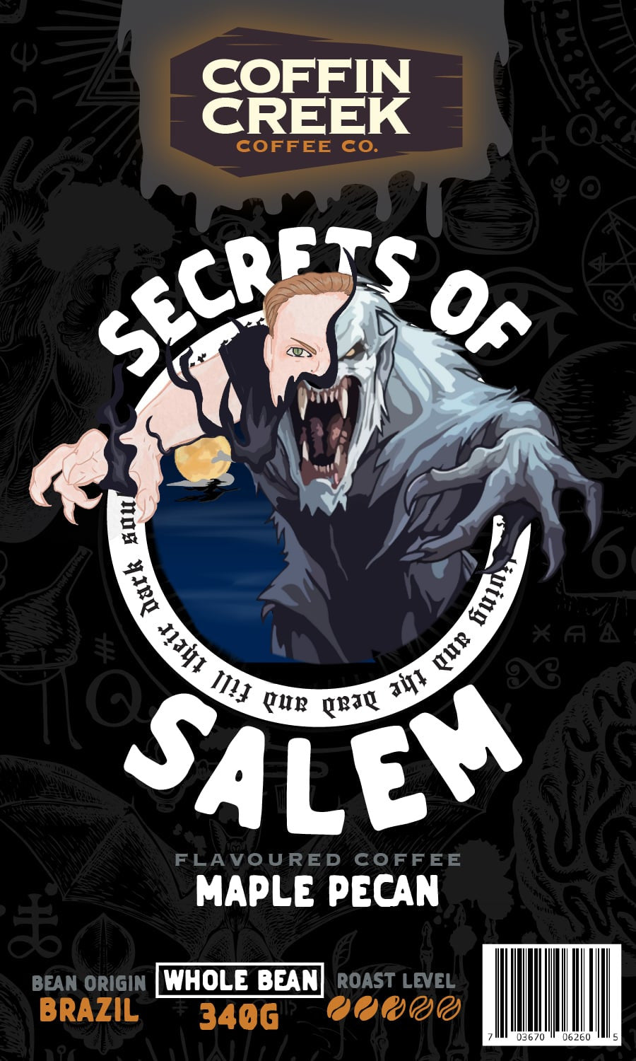 Coffin Creek Coffee co Secrets of Salem - Maple Pecan Flavoured Coffee - 340 Grams Whole a bean