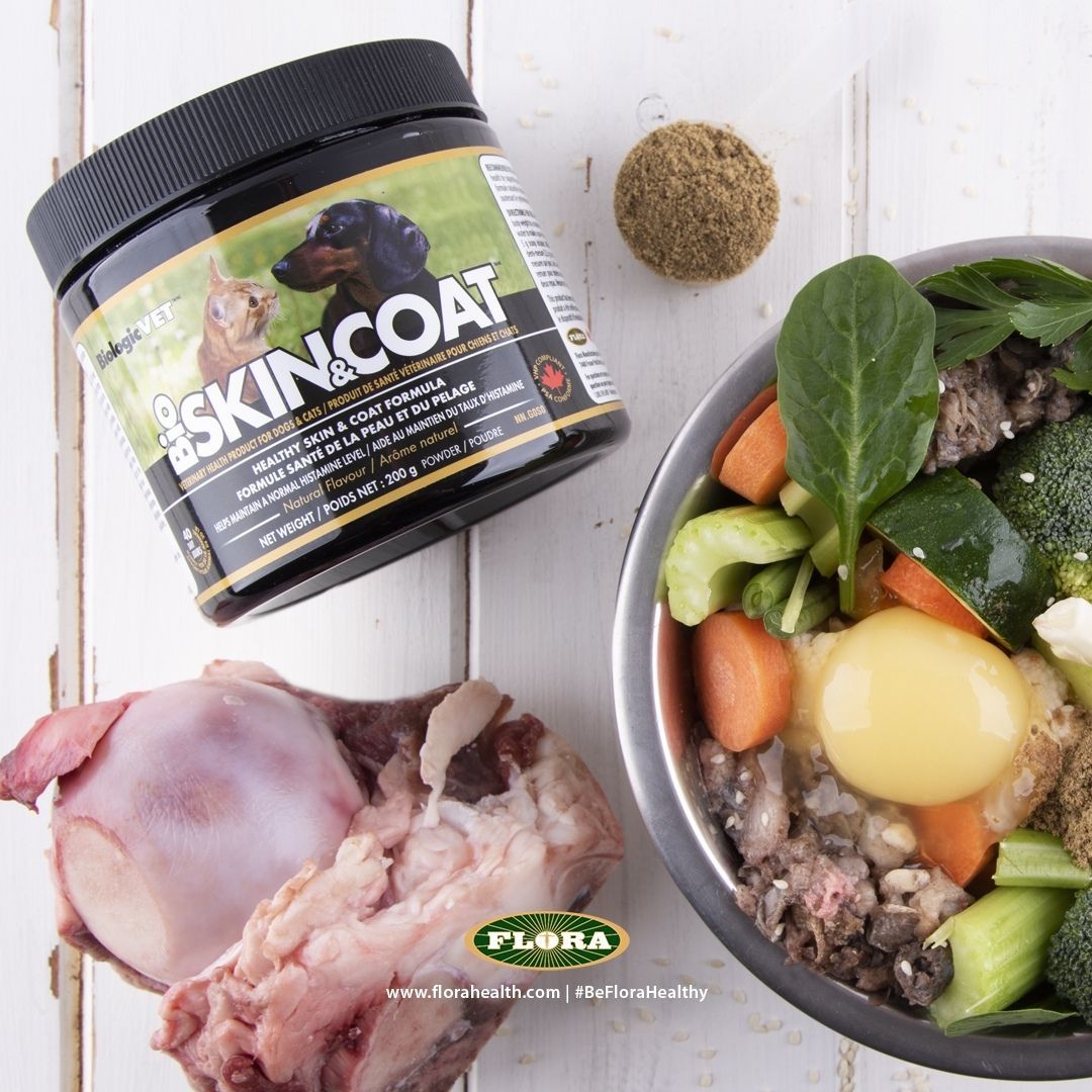 BioSkin&Coat package right next to a peace of meat with bone and a bowl of vegetables