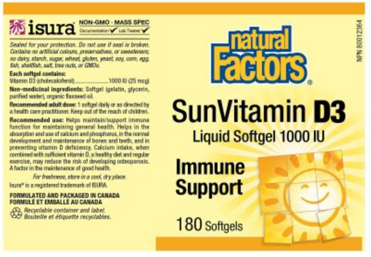 Natural Factors Sun Vitamin D3 1000 IU 180 Tablets