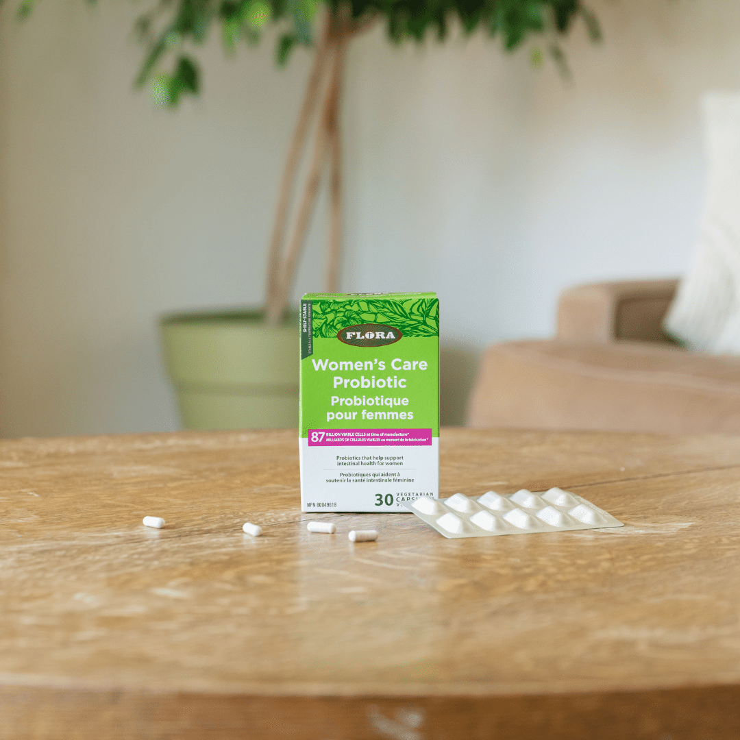 Women's Care Probiotic box with 30 vegetarian capsules and pills blister pack on the side