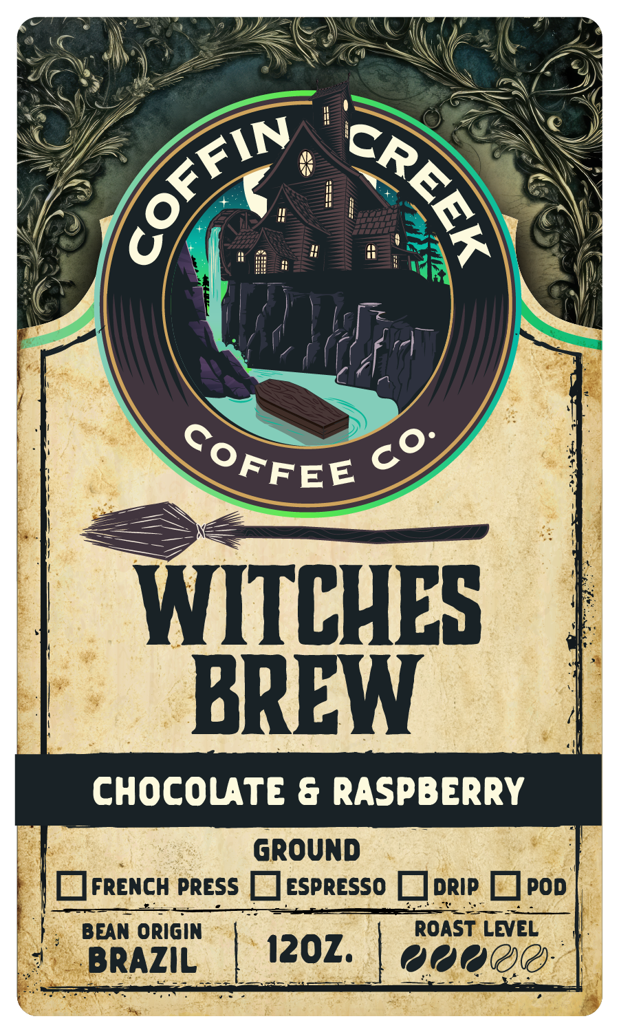 Coffin Creek Coffee co Witches Brew - Chocolate Raspberry Flavoured Coffee - 340 Grams Ground