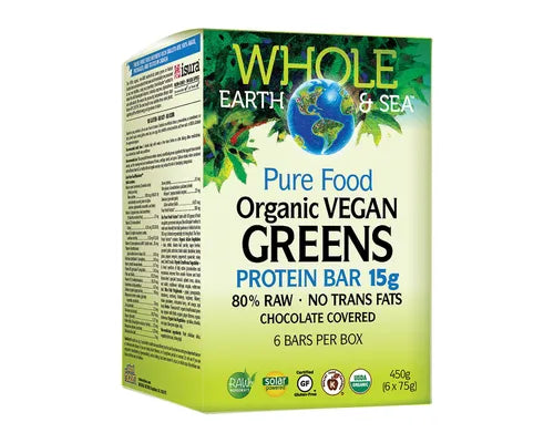Whole Earth & Sea Organic Vegan Greens Protein Bar Chocolate Covered 6 Packs