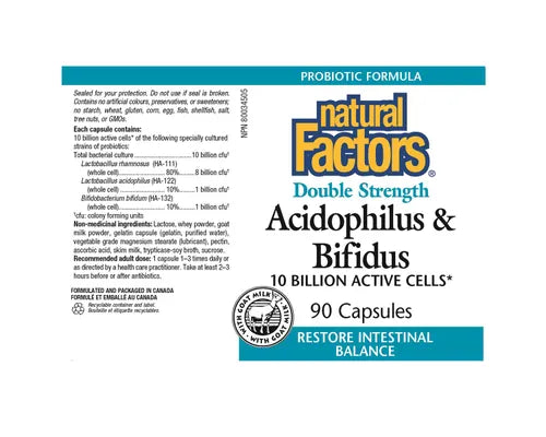 Natural Factors Acidophilus & Bifidus 10 Billion Active Cells Double Strength 90 Capsules