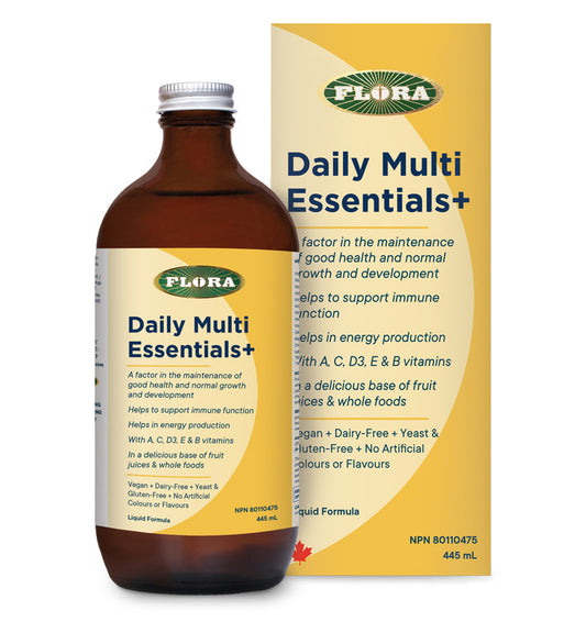 Flora Daily Multi Essentials + with A, C, D3, E and B vitamins liquid formula in 445 mL