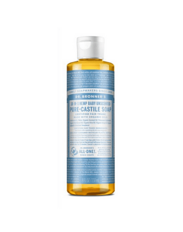 Dr Bronner's Pure Castile Soap for sensitive skin and babies in a 237ml bottle