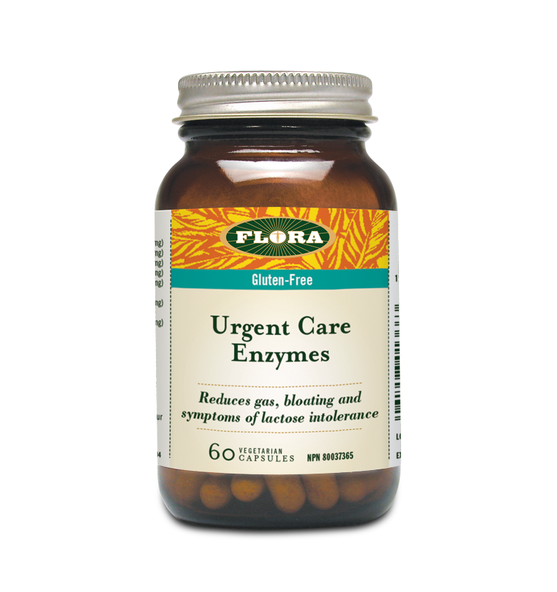 Flora Urgent Care Enzymes that reduces gas, bloating and symptoms of lactose intolerance in 60 vegetarian capsules