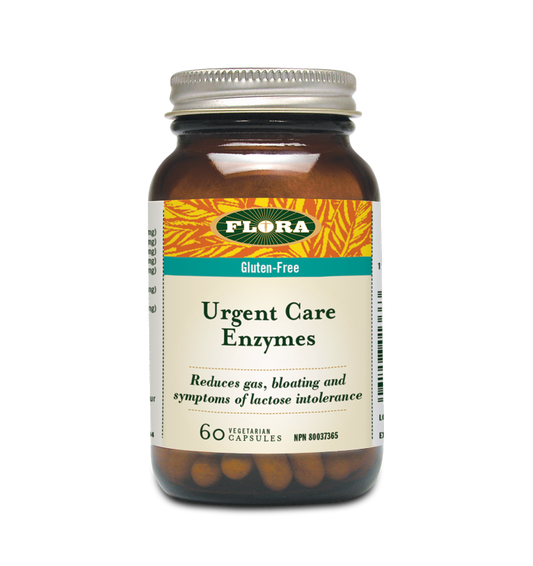 Flora Urgent Care Enzymes that reduces gas, bloating and symptoms of lactose intolerance in 60 vegetarian capsules