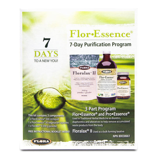 Flor Essence 7 day purification Program in a package with 1 Flor Essence in a 500mL liquid formula, 1 Pro Essence in 30 vegetarian capsules, and 1 Floralax in 200 grams powder