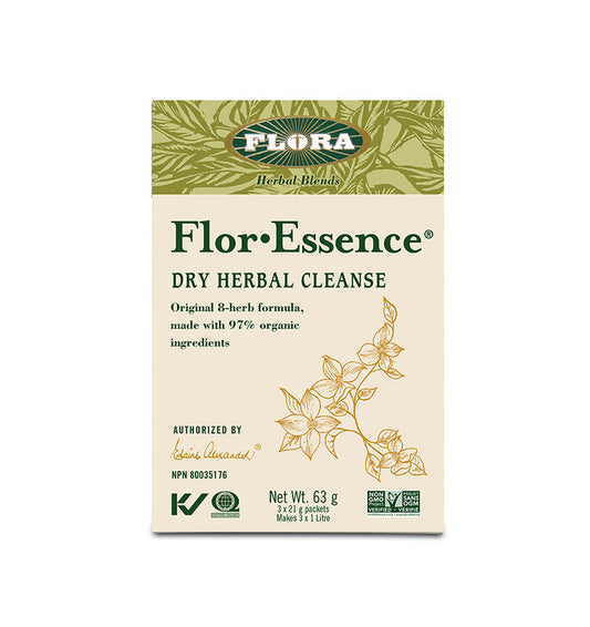 Flora Flor Essence Dry Herbal Cleanse made with 97% organic ingredients in a 63 grams package