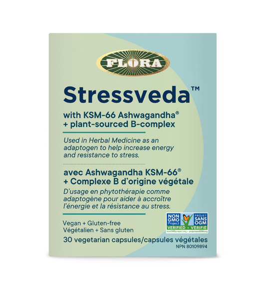 Flora Stressveda with KSM-66 Ashwagandha + plant-sourced B complex in 30 vegetarian capsules  Edit alt text