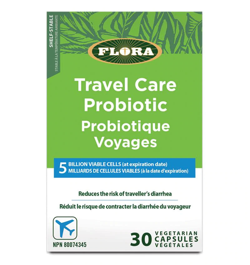 Flora's Travel Care Probiotic with 5 billion viable cells in a 30 vegetarian capsules package