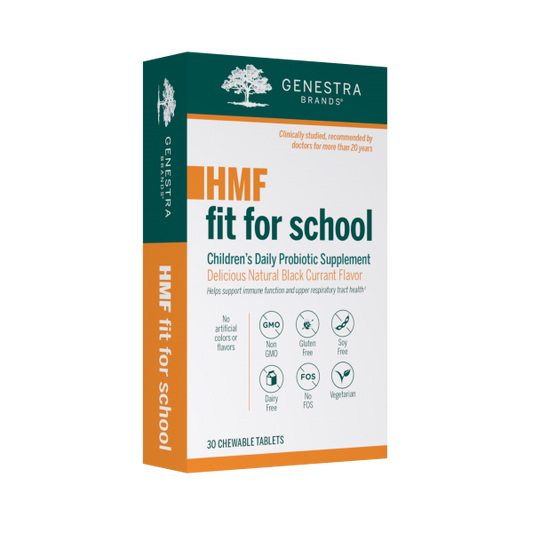 HMF fit for school the children's probiotic supplement with delicious natural black currant flavor in a 30 chewable tablets package