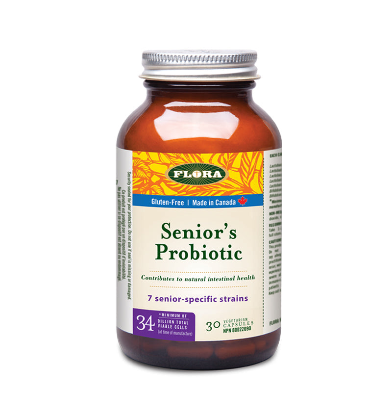 Flora Senior's Probiotic that contributes to natural intestinal health in 30 vegetarian and gluten free capsules