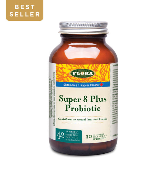 Flora Super 8 Plus Probiotic that contributes to natural intestinal health in 30 vegetarian capsules