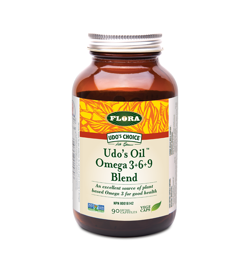 Flora Udo's Oil Omega 3+6+9 Blend an excellent source of plant based omega 3 for good health in 90 soft gel vegetarian capsules