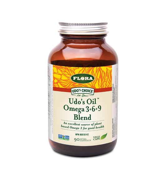 Flora Udo's Oil Omega 3+6+9 Blend an excellent source of plant based omega 3 for good health in 90 soft gel vegetarian capsules