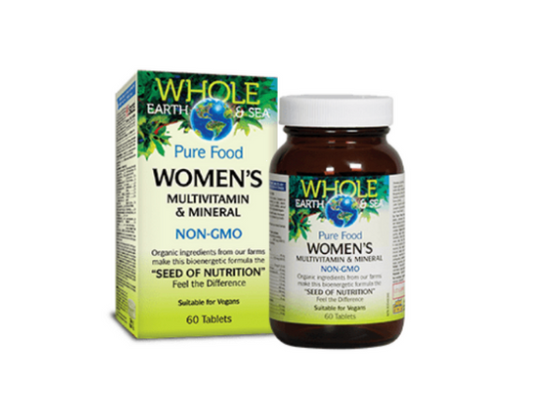 Whole Earth and Sea Women's multivitamin and mineral non-GMO, suitable for vegans in a 60 tablets package